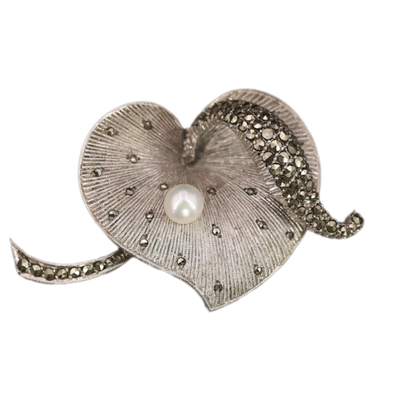 Theodore Fahrner Original Sterling Silver Marcasite FW Pearl Heart Brooch Pin - Picture 4 of 15